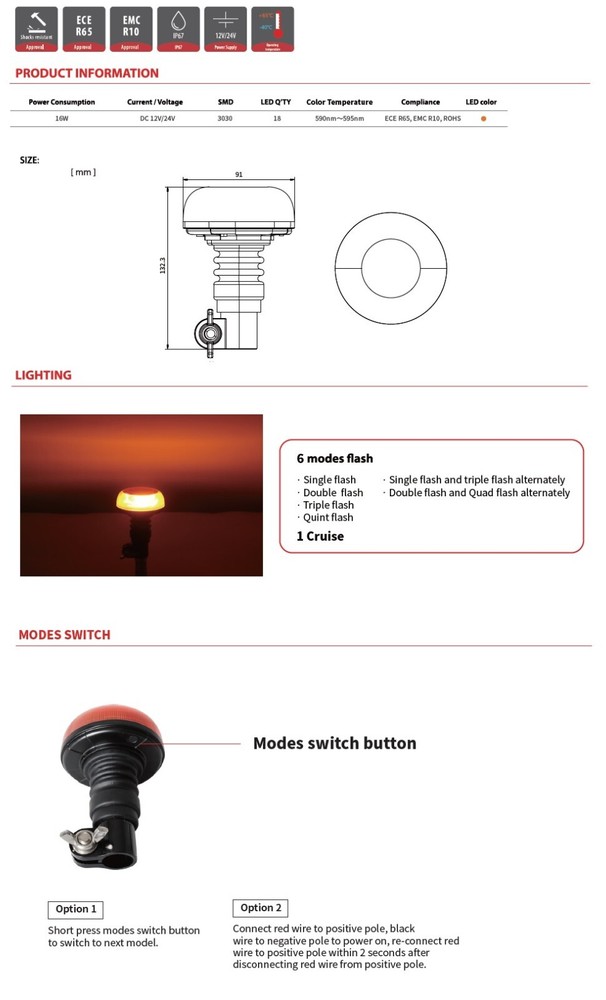 12V 24V Compact Led Beacon Flexi Din Pole Flashing Warning Strobe Light Amber