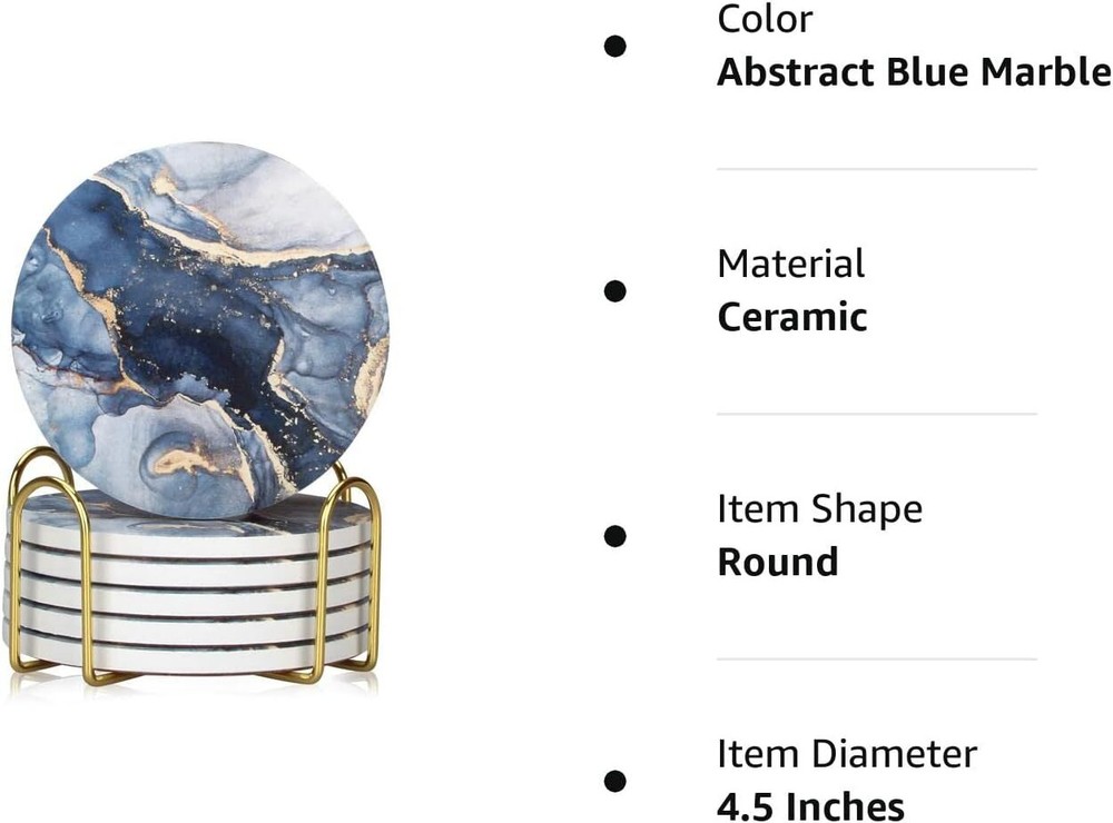 6 Pcs Navy Blue Marble Abstract Ceramic Coasters with Holder Best