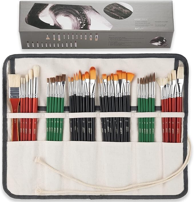 ARTIFY 41 Pieces Long Handle Paint Brushes Set Includes a Carrying Canvas Roll