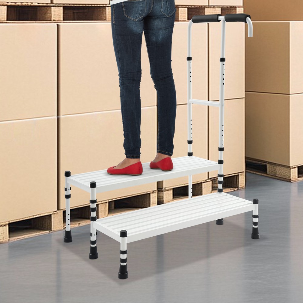 2-Step Stool with Handle, Floor Standing Metal Stepping Stool, White Step Stool