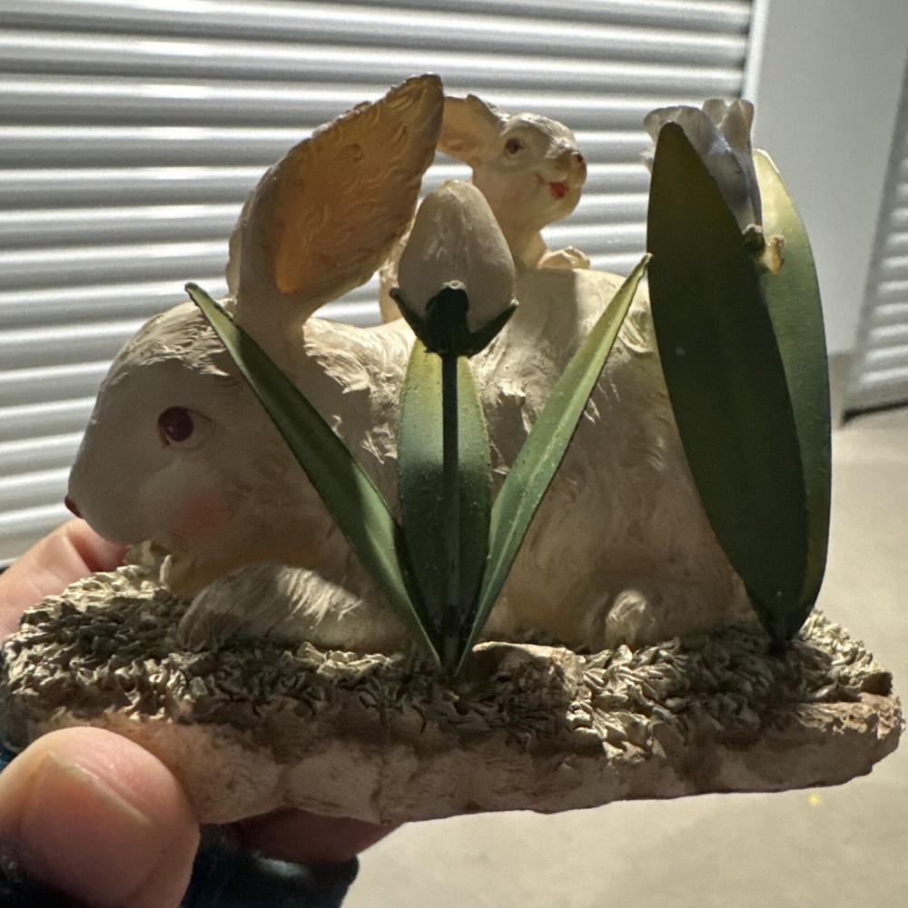 White Bunny Rabbits Spring Easter Figurine 5x3" Metal Flowers Rustic EUC