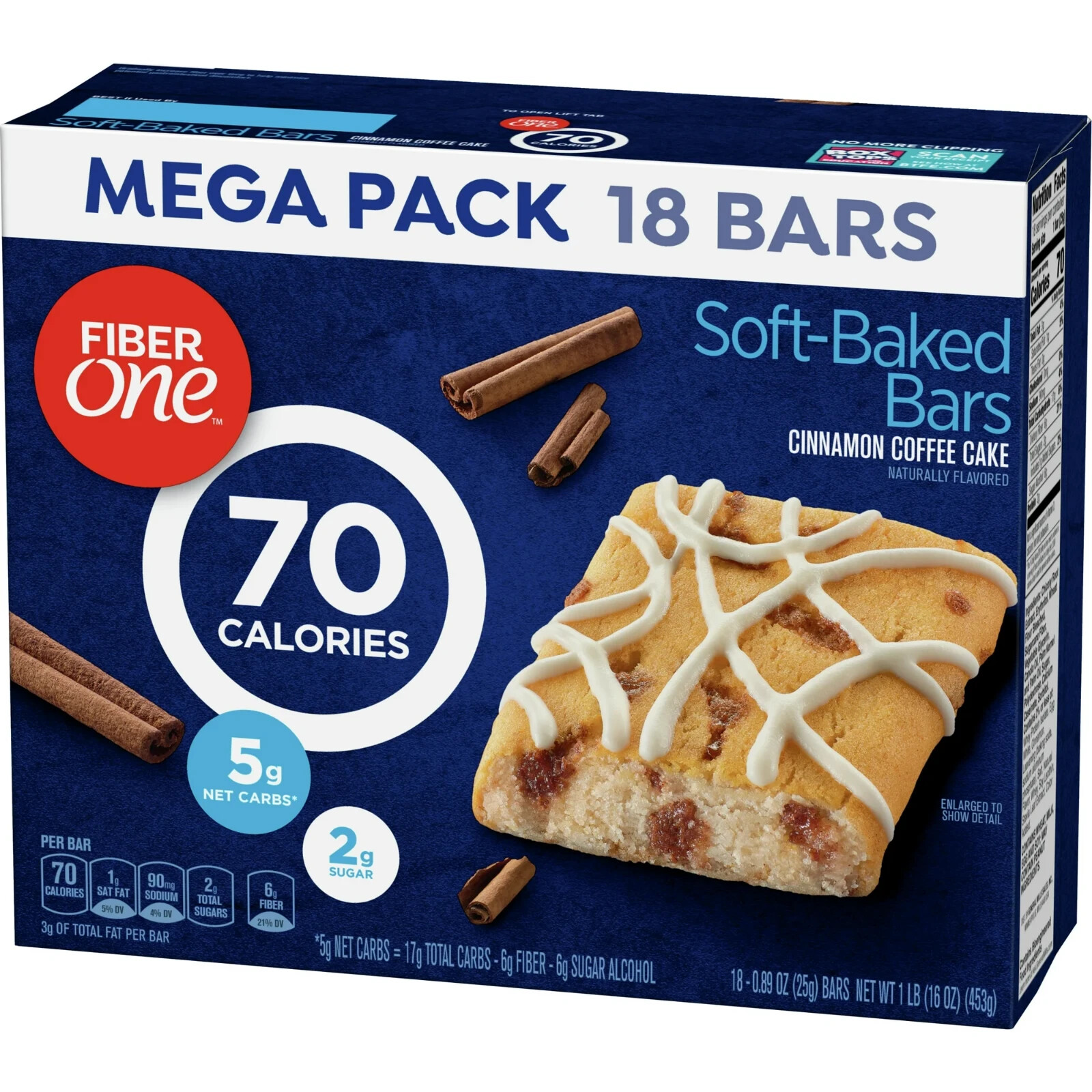 Fiber One 70 Calorie Soft-Baked Bars, Cinnamon Coffee Cake, 18 Ct