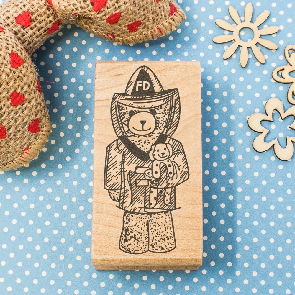 Bear Fireman Art Rubber Stamp