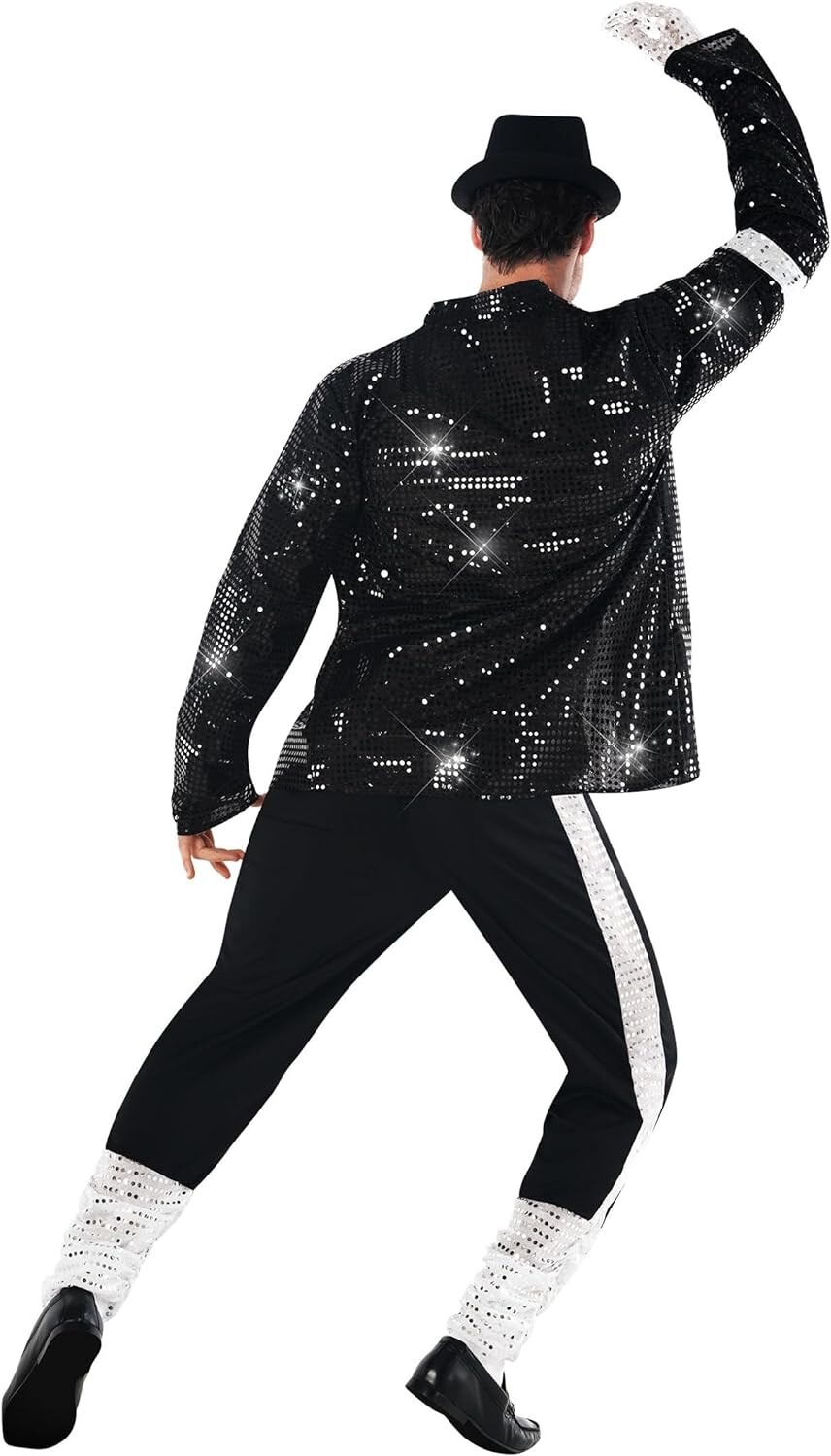 Men`s King of Pop Costume Adult 80s MJ Moonwalking Popstar Black Outfit M - 3XL