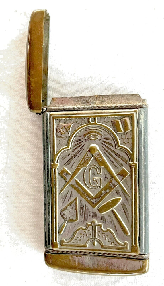 19th century Brass Flip Top Match Safe with Masonic Emblems