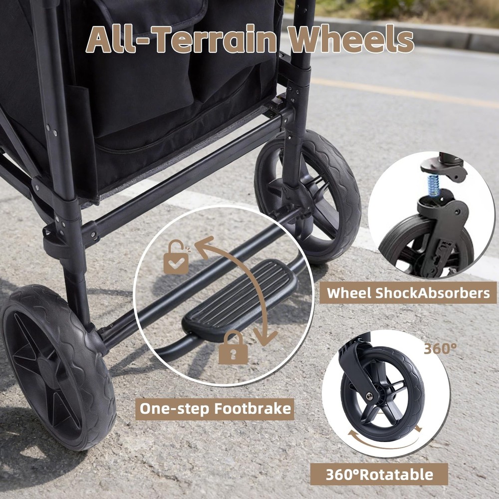 4 Seater Wagon Stroller Foldable Lightweight w/ Canopy & Safety Harnesses
