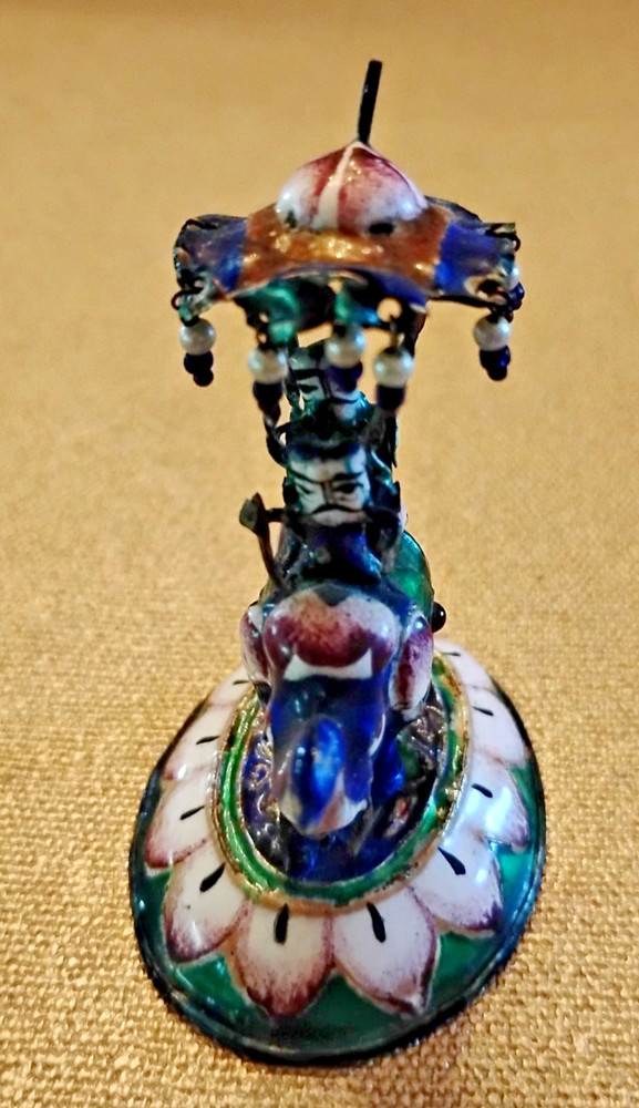 CAPARISONED ENAMELLED SILVER MINI ELEPHANT BLUE CANOPY GREEN BASE CLR HOWDAH #3