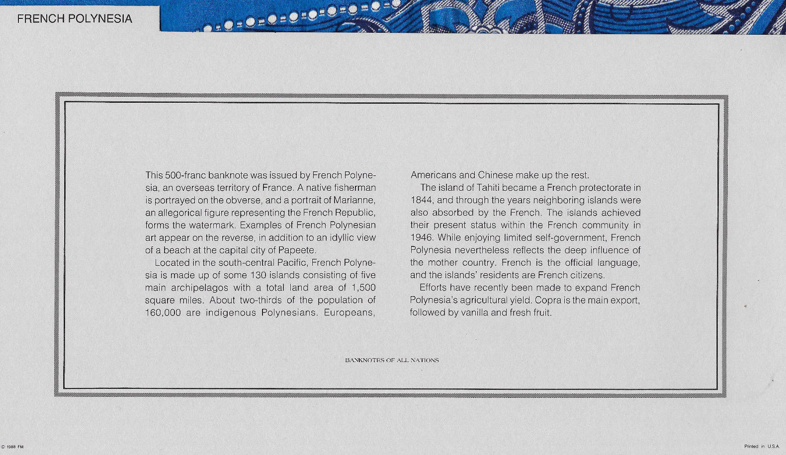 Banknotes of All Nations Tahiti 1977 500 Francs UNC P-25b2 prefix K.2 sign 3A