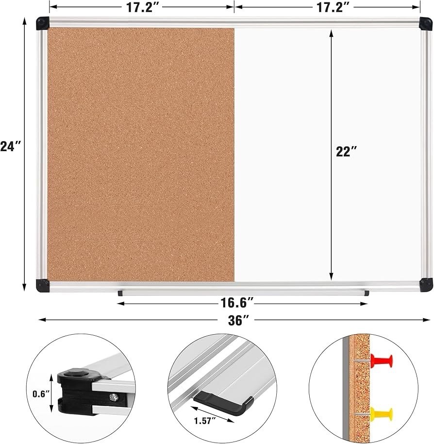 Board2by White Board Cork Board Combo 36" x 24", Large Whiteboard
