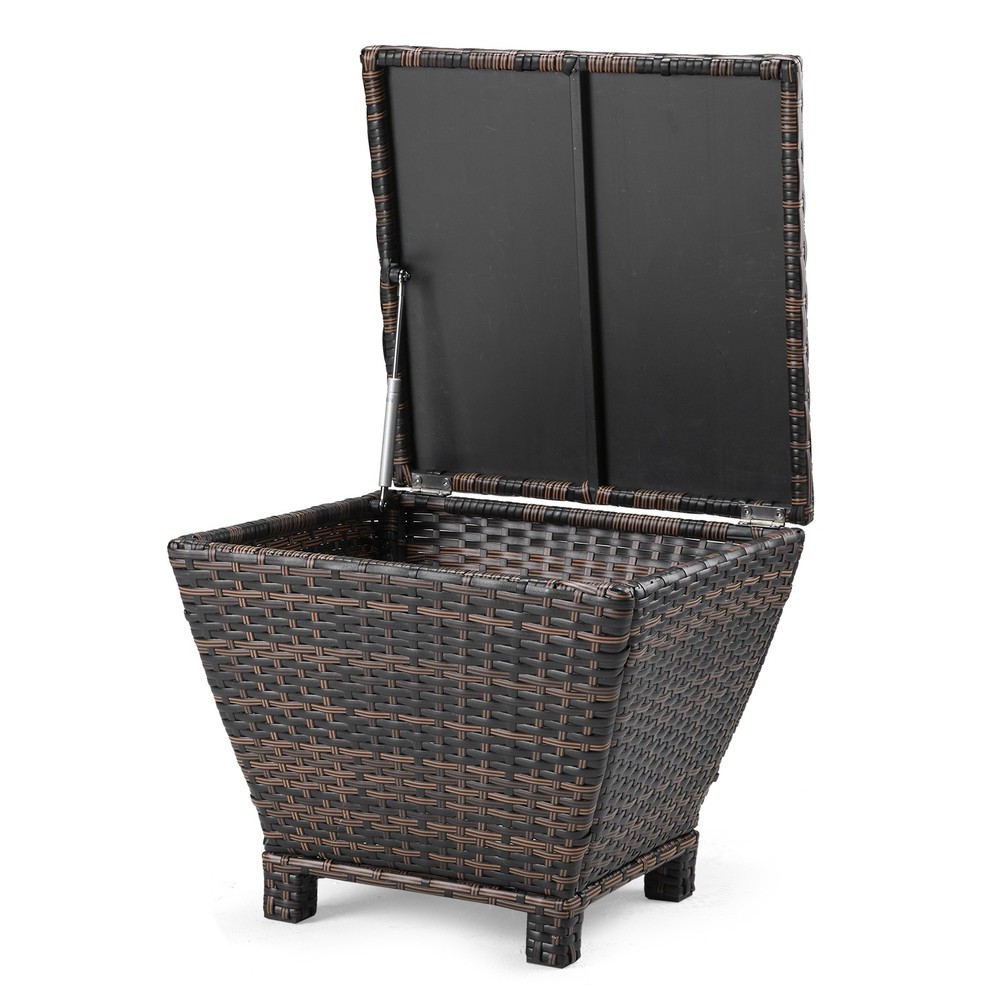 Outdoor PE Wicker Side Table Small Patio Storage Bin Container for Hose Cushion