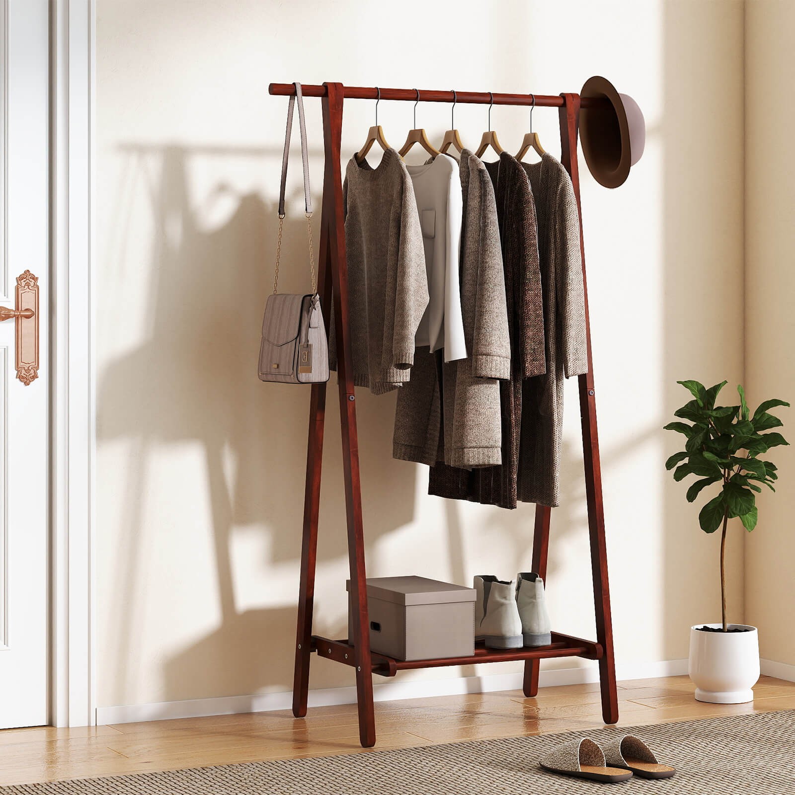 Folding Rubber Wood Clothes Hanging Rack w/Bottom Storage Shelf for Bedroom