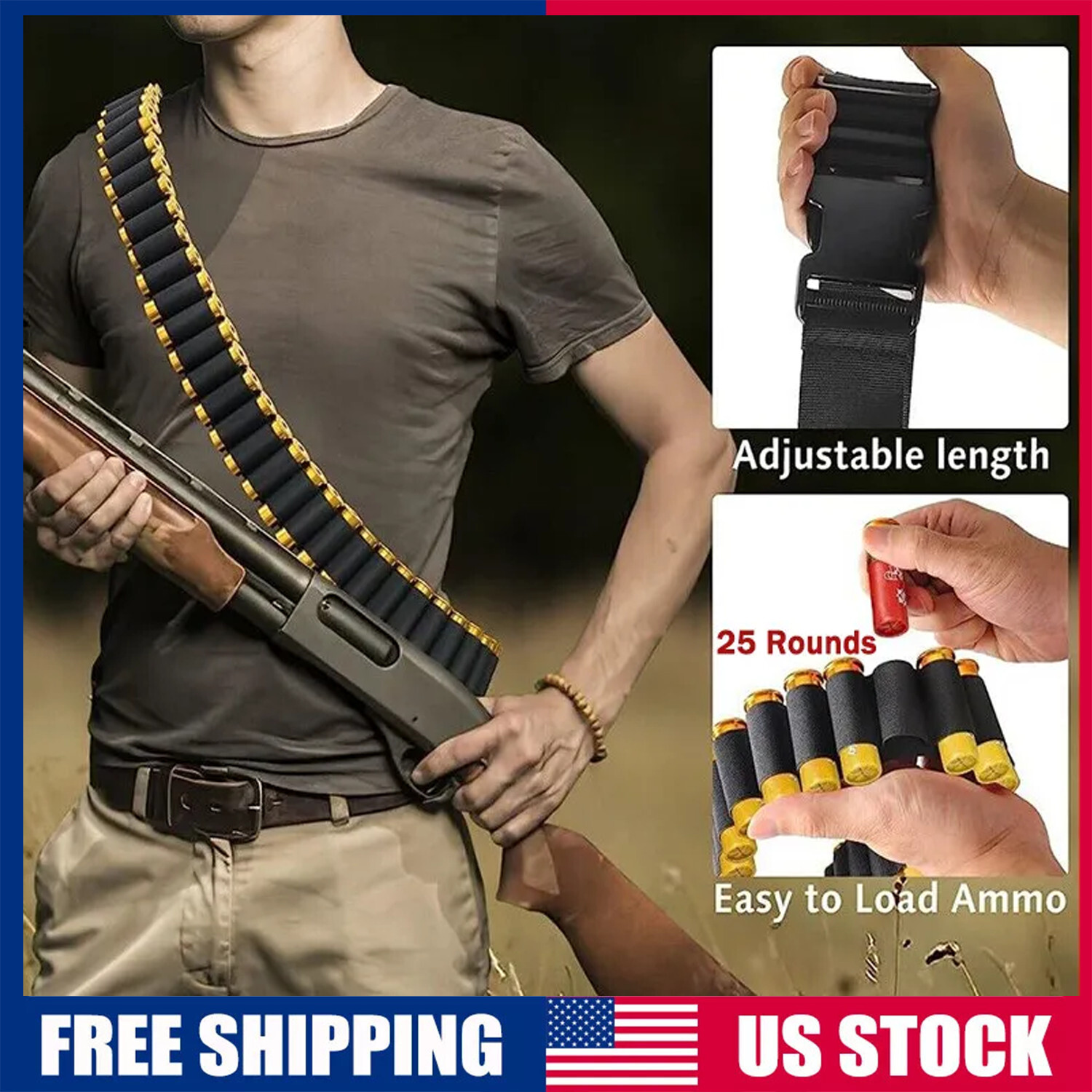 Shotgun Shell Holder 25 Shells 12/20GA Gauge Cartridge Ammo Bandolier Belt Black