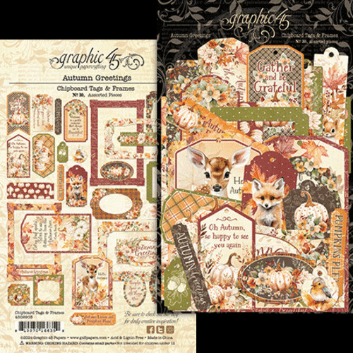 GRAPHIC 45 "AUTUMN GREETINGS" CHIPBOARD TAGS & FRAMES 30PCS FALL SCRAPJACK'S PL.