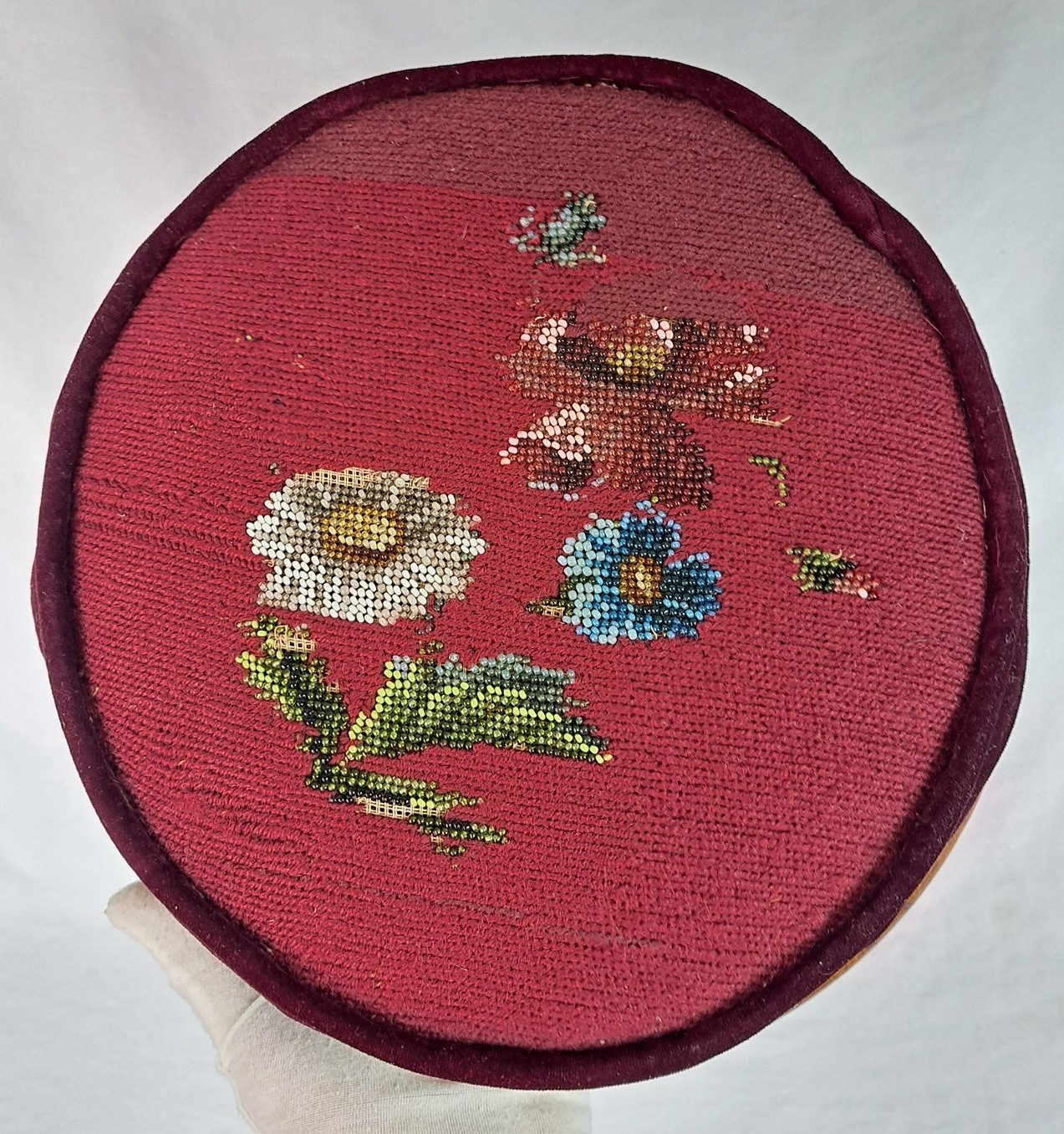 Antique Victorian Footstool Beaded Floral Needlework Tapestry Upholstery Ottoman