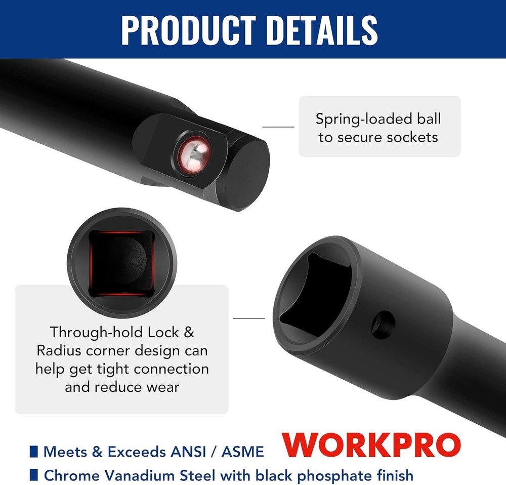 WORKPRO 18-Piece Impact Socket Extension Set, Includes Socket Adapters, Ratchet