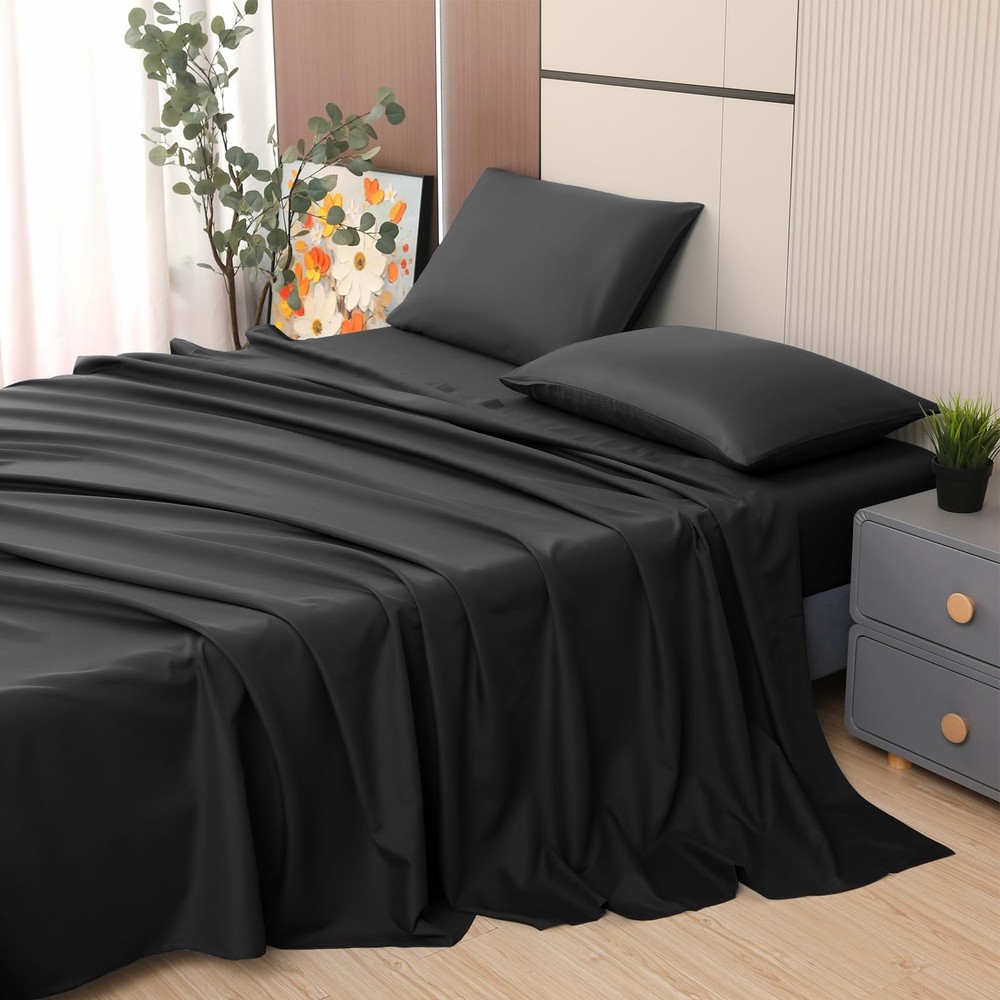 Soft Brushed Microfiber Black Twin Size Fitted Sheet-Comfortable and Durable ...
