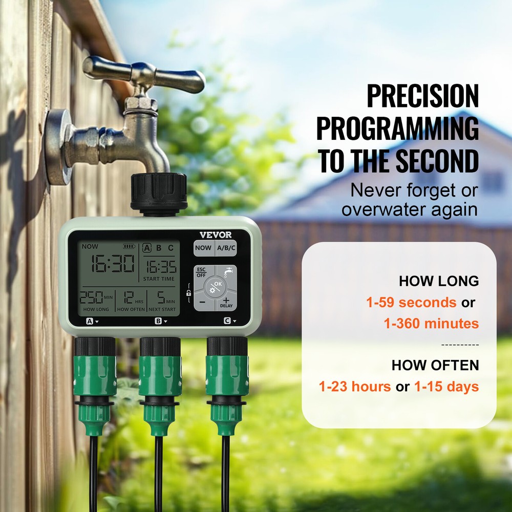 VEVOR Water Timer 3 Outlets Hose Watering Sprinkler Timer LCD Rain Delay Mode
