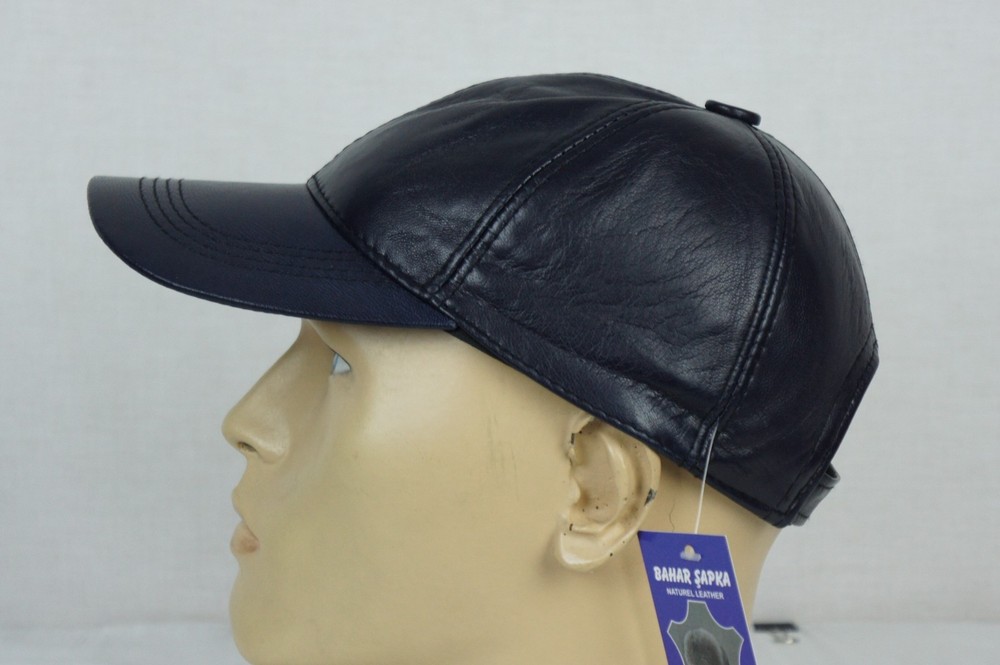 NAVY 100% GENUINE LAMBSKIN LEATHER Baseball Cap Hat Biker Visor Adjustable NWT