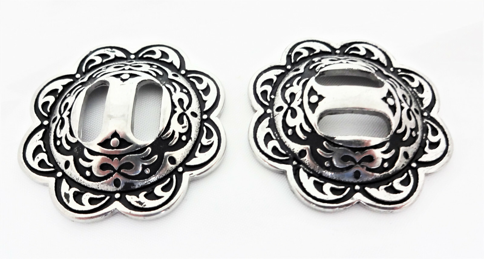 Pair Jeremiah Watt Slotted Conchos Floral Horse Tack Slots Stainless Steel Black