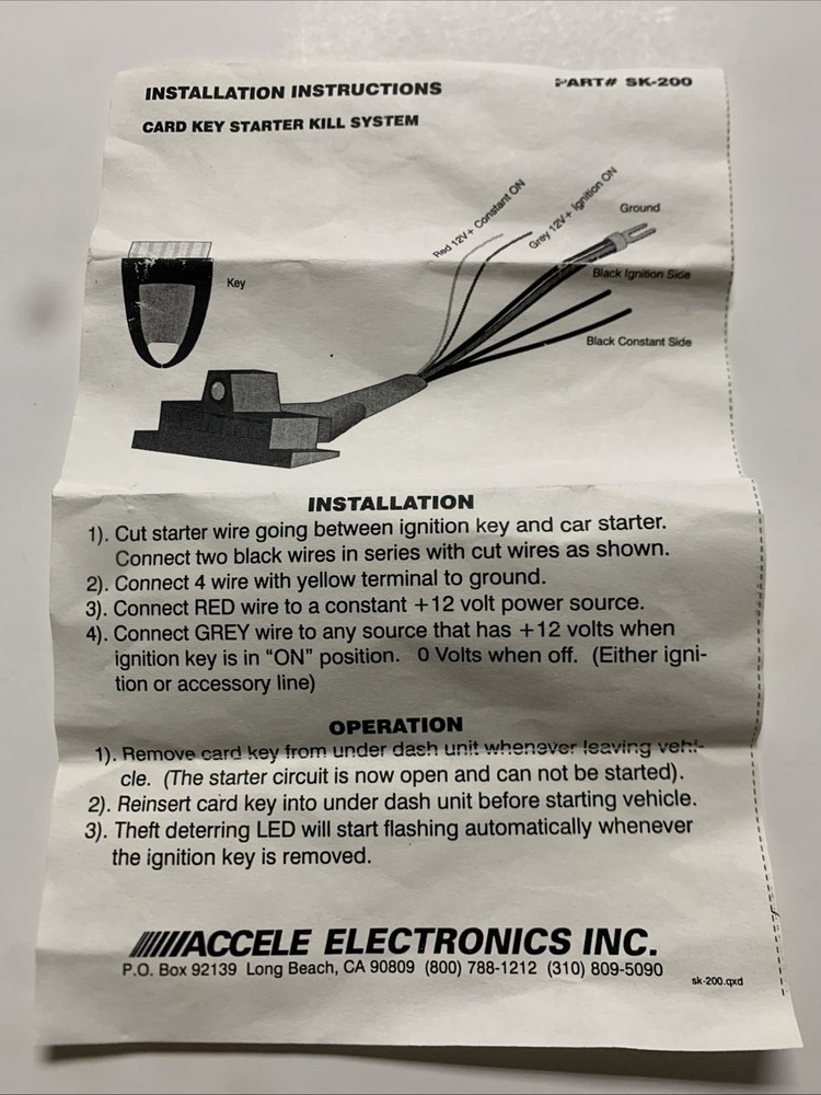 ACCELE ELECTRONIC CARD KEY STARTER KILL SYSTEM PART# SK200