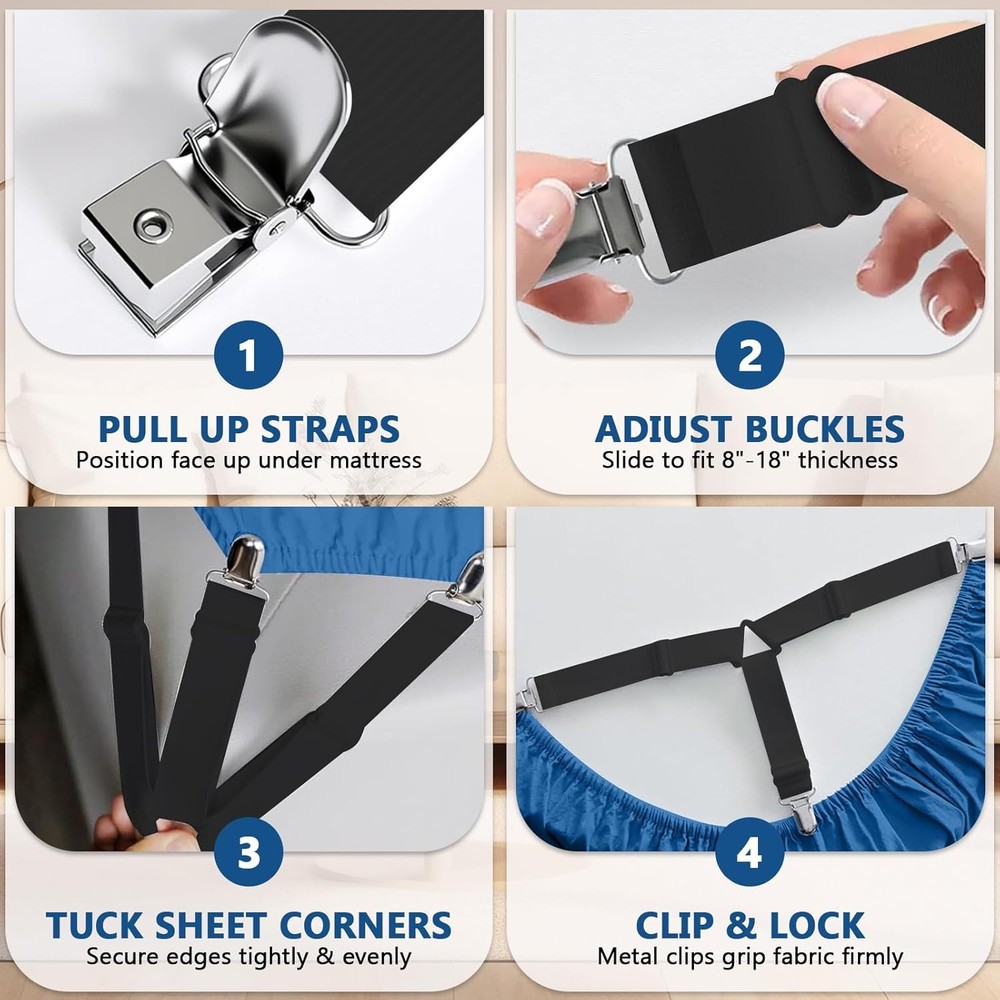 Adjustable Bed Sheet Straps with Metal Clips - 4 Pack Fitted Sheet Holders