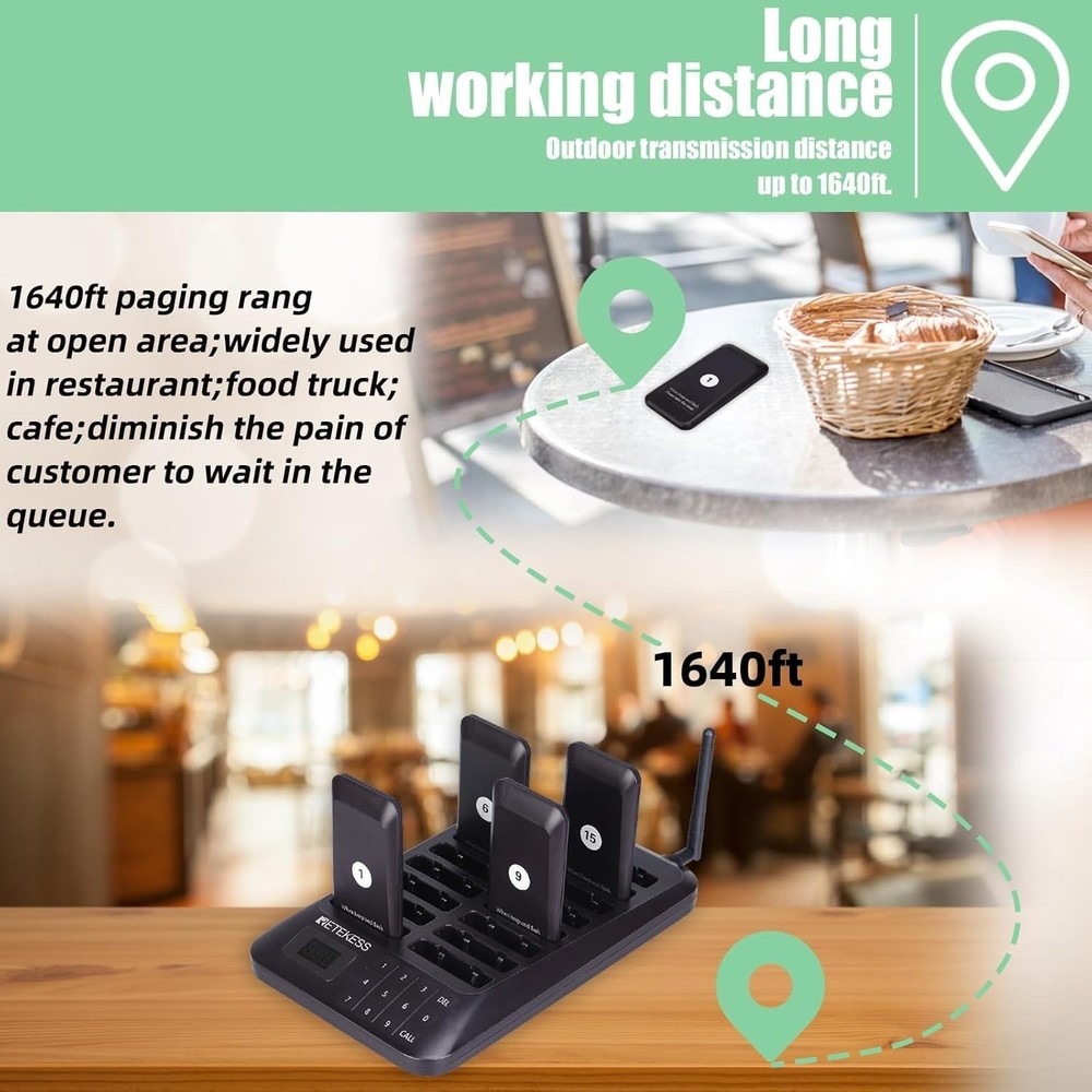 Enhanced TD157 Pager System - 984ft Wireless Range, 16 Pagers & Custom Alerts