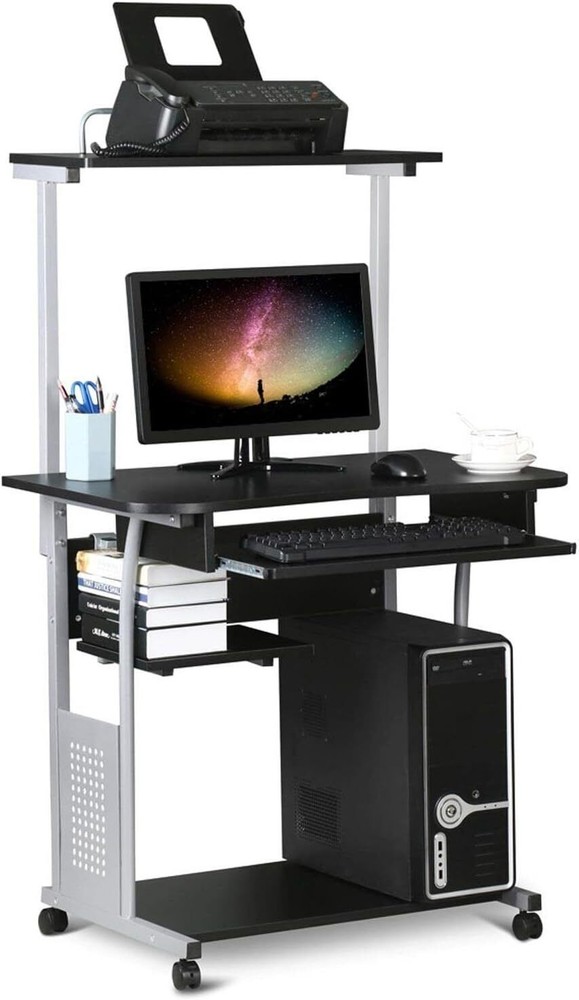 3 Tiers Mobile Computer Desk w/Printer Shelf & Keyboard Tray Rolling Study Desk