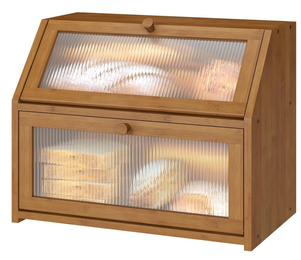 Bread Box for Kitchen Counter, Large Bamboo Wood Double Layer Bread Box, Wood...