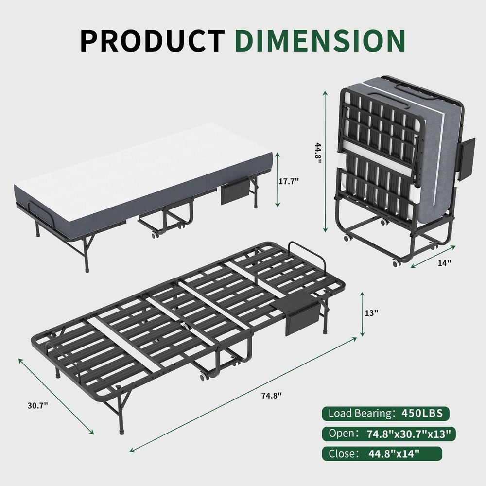 75 Inch Folding Bed with 5" Memory Foam Mattress, Space Saving Rollaway Guest