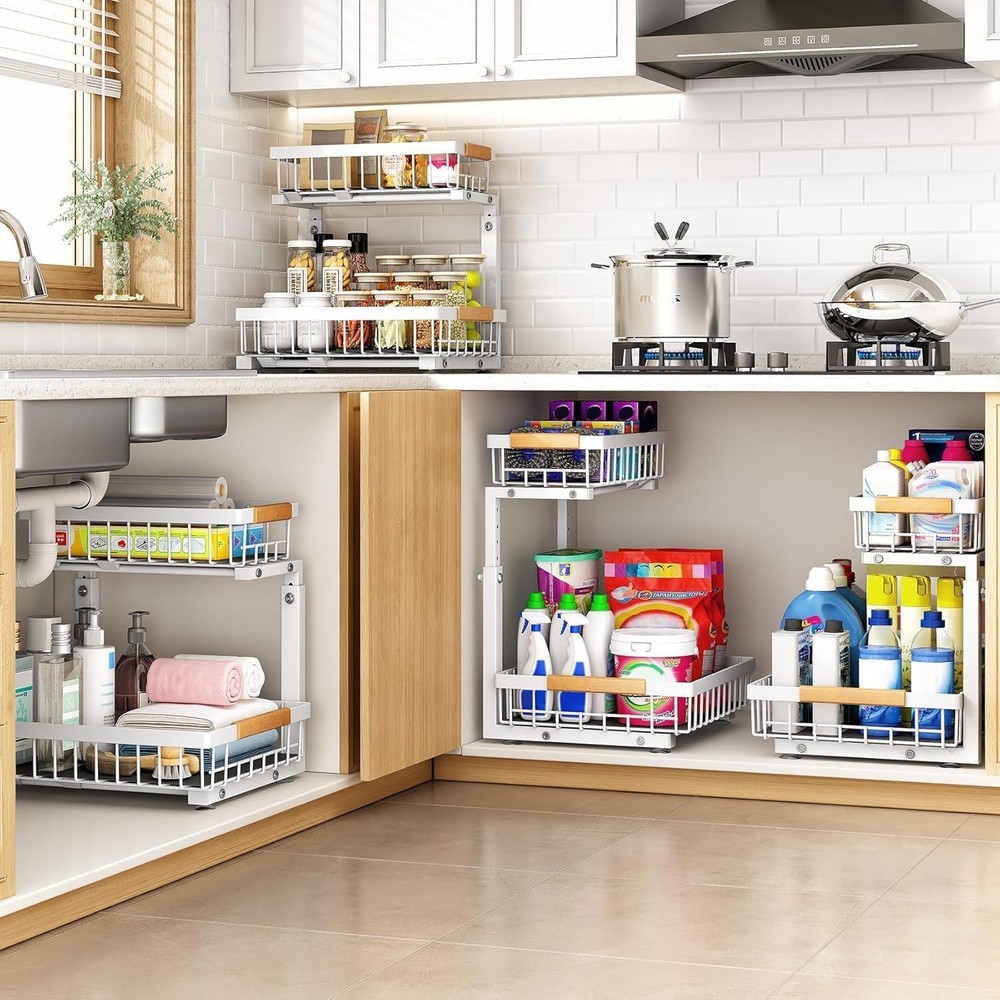 Under Sink Organizer, Adjustable Height, 2 Tier Pull Out Under Cabinet Organi...