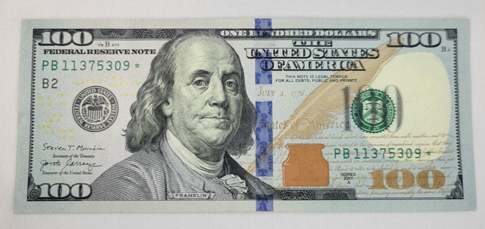 SERIES 2017A US $100 Dollar Bill Star Note PB113754309*