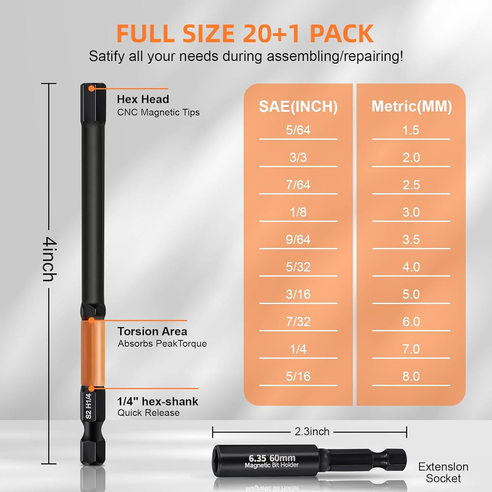 Allen Wrench Drill Bit Set with Extension Socket - 20pcs 4" Long Hex Bits (Me...