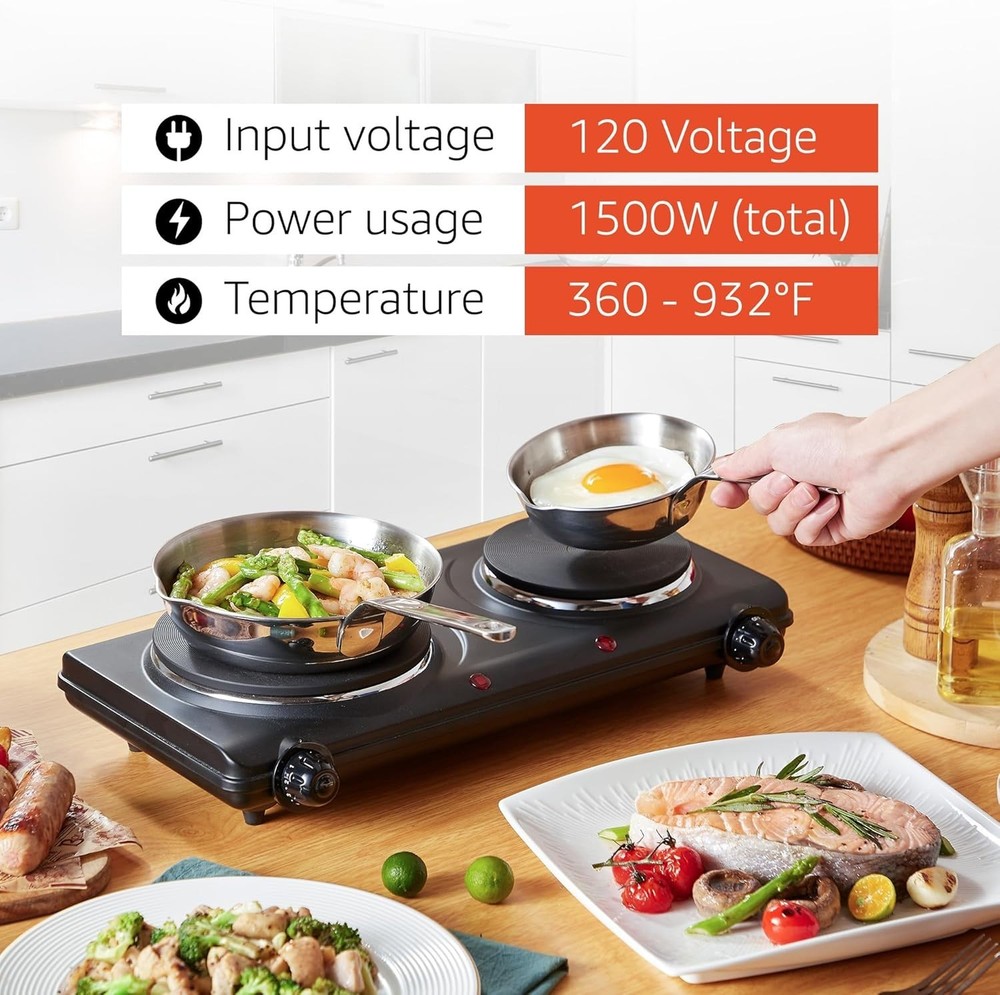 1500W Electric Double Burner with Manual Controls & Non-Slip Stability Features
