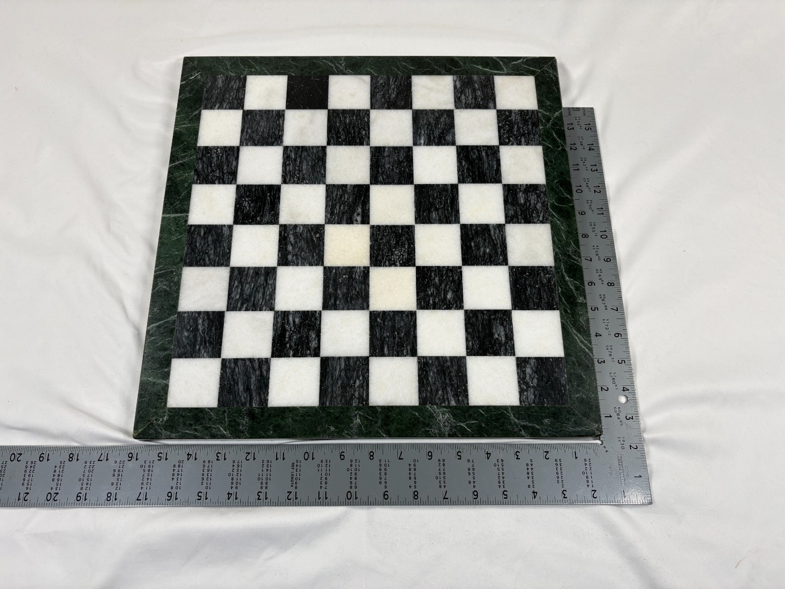 Marble Chess Board Black White With Green Border Stone 15 Inch Vintage Used