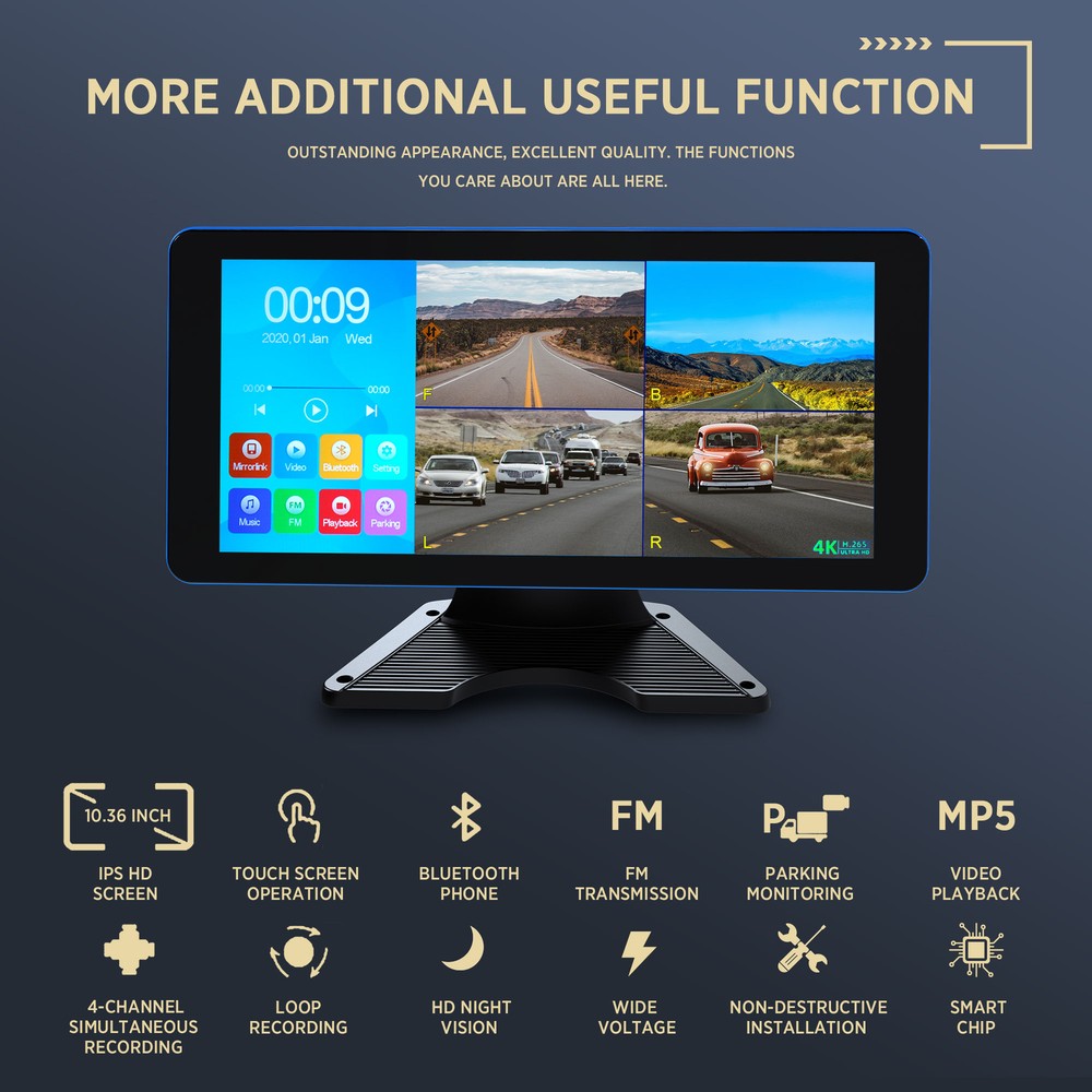 10.36" Quad Split Touchscreen Backup Camera System for RV Semi Box Truck Trailer