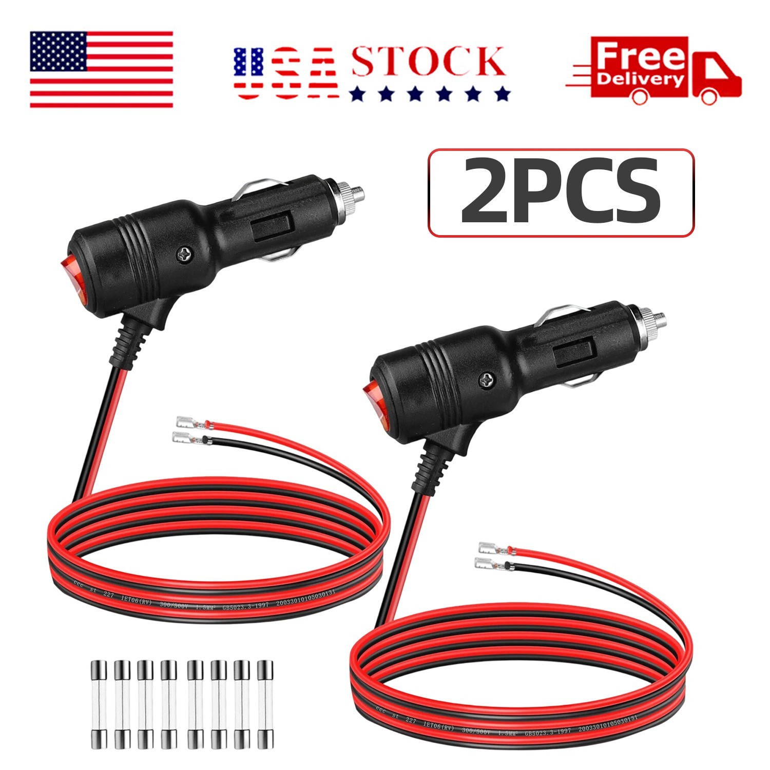 2pcs 12-24V Fused LED Car Cigarette Lighter Plug Socket Cable Adapter w/ Switch