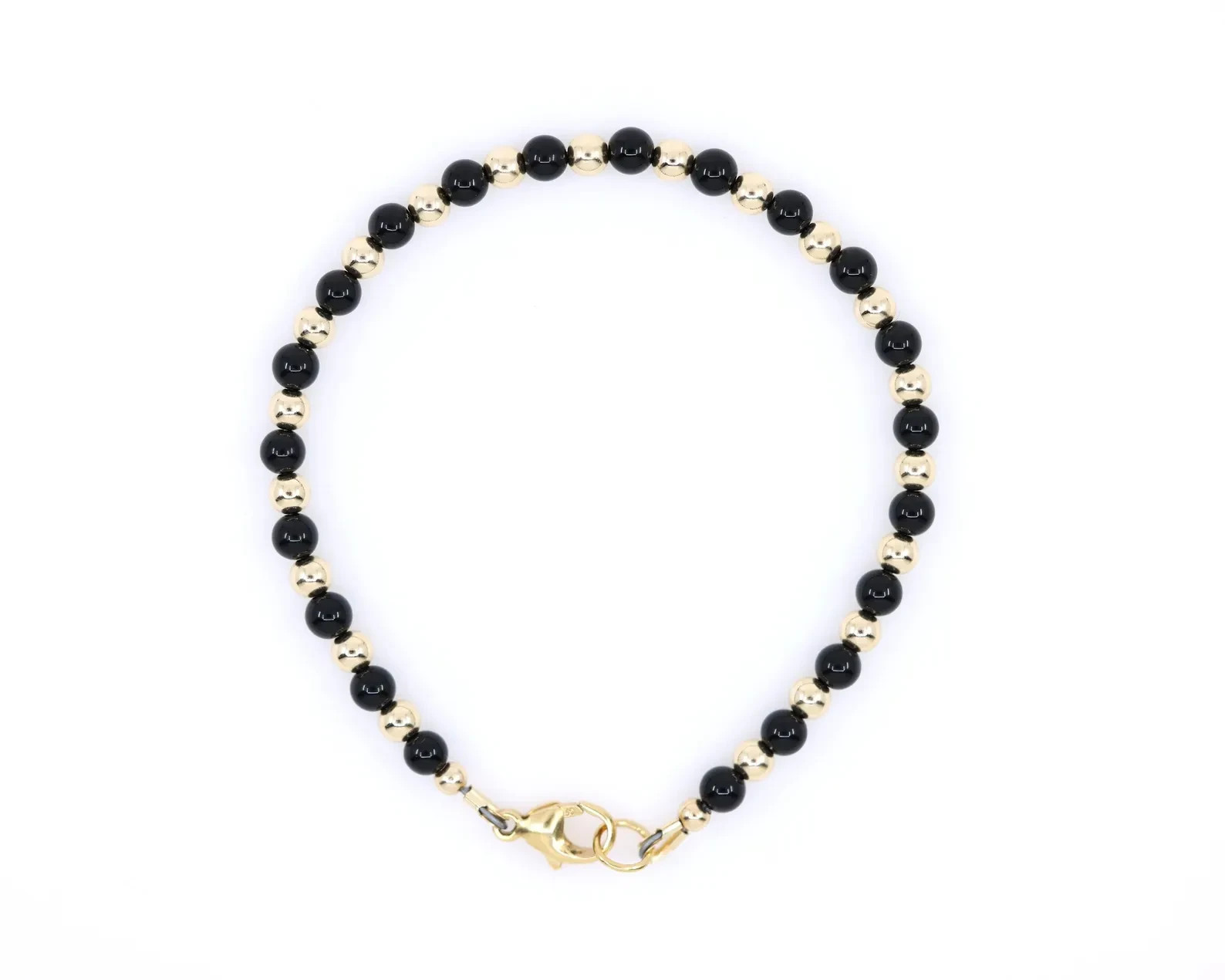 14K Solid Gold & Black Onyx Bracelet | 4mm Round Gemstone Beads, Gift for Self