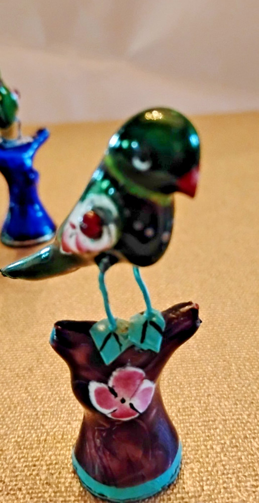 ENAMELLED SILVER MINI PARROTS GREEN & COBALT GEM ACCENT