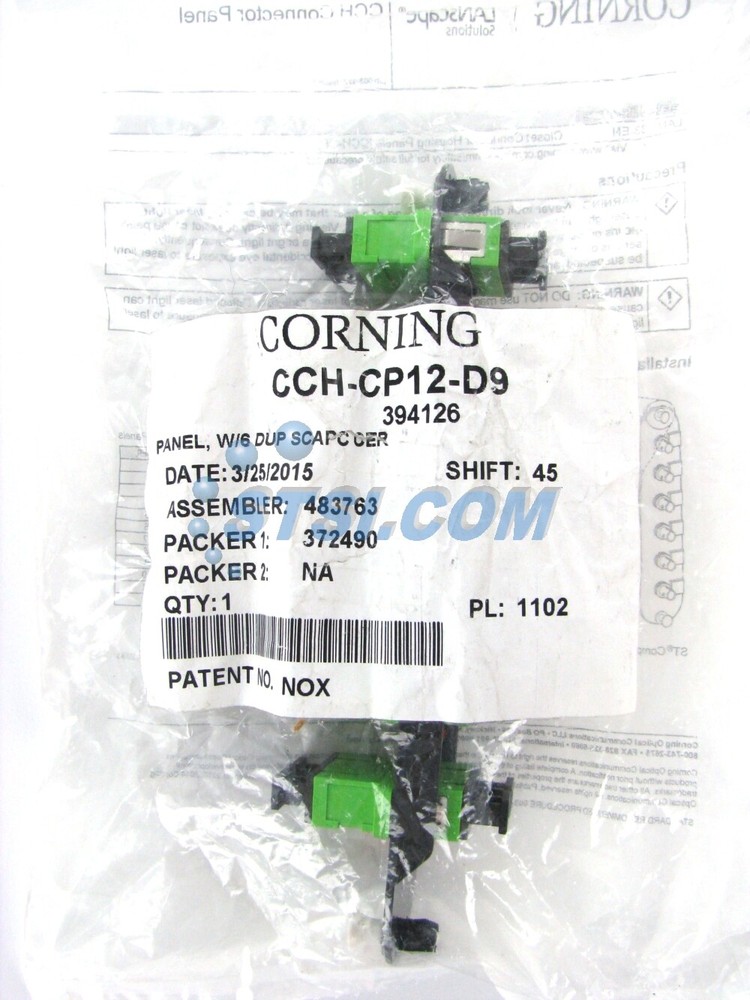 Corning CCH-CP12-D9 Panel, 6 SC Duplex OS2 Singlemode Adapters, APC Green ~STSI