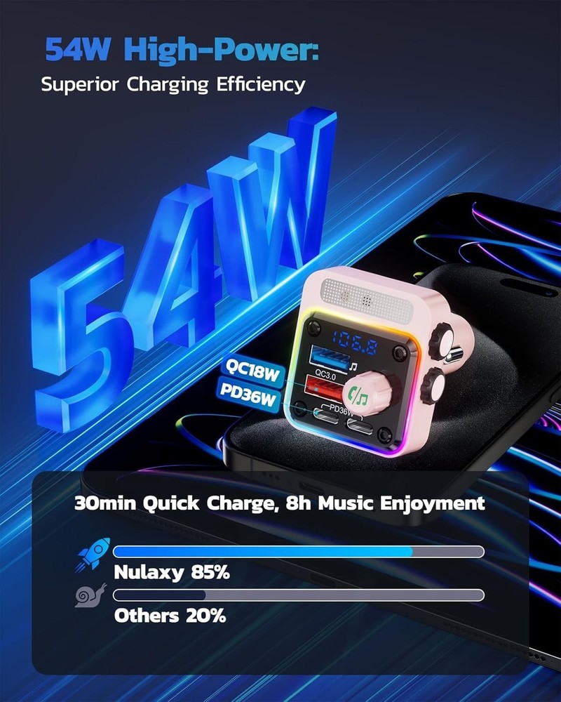 Efficient 54W Multi-Device Car Charger with Bluetooth 5.3 and Colorful Lighting