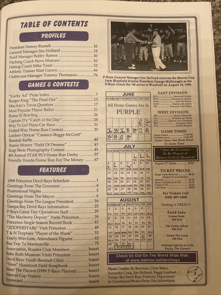 1999 Princeton Devil Rays Team Booklet.