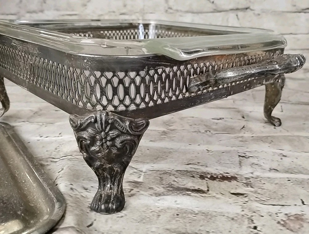 Vintage Silver Plate Footed BUFFET SERVER with Fire King Ovenware Glass Insert