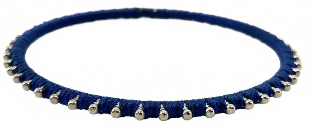 Vintage Blue Silk Thread Wrapped Bangle Silver Tone Bead Boho Stackable Bracelet