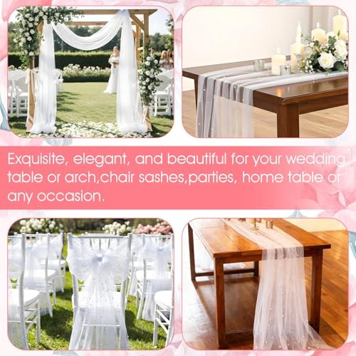 4 Pack 10 ft Pearl Table Runner Tulle Fabric Lace Boho Glitter Tablecloth