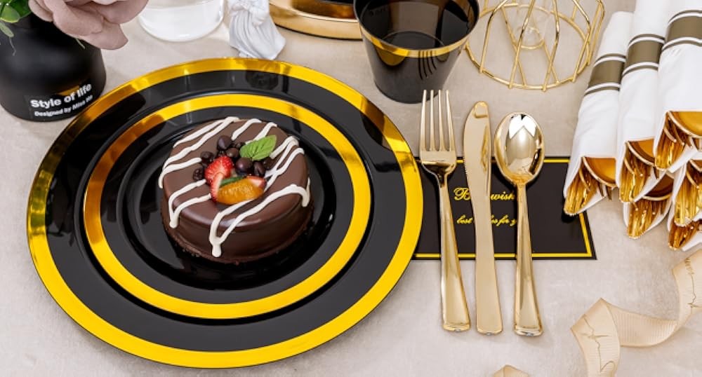 Bla and Gold Plastic Plates - Gold Disposable Dinnerware Sets for