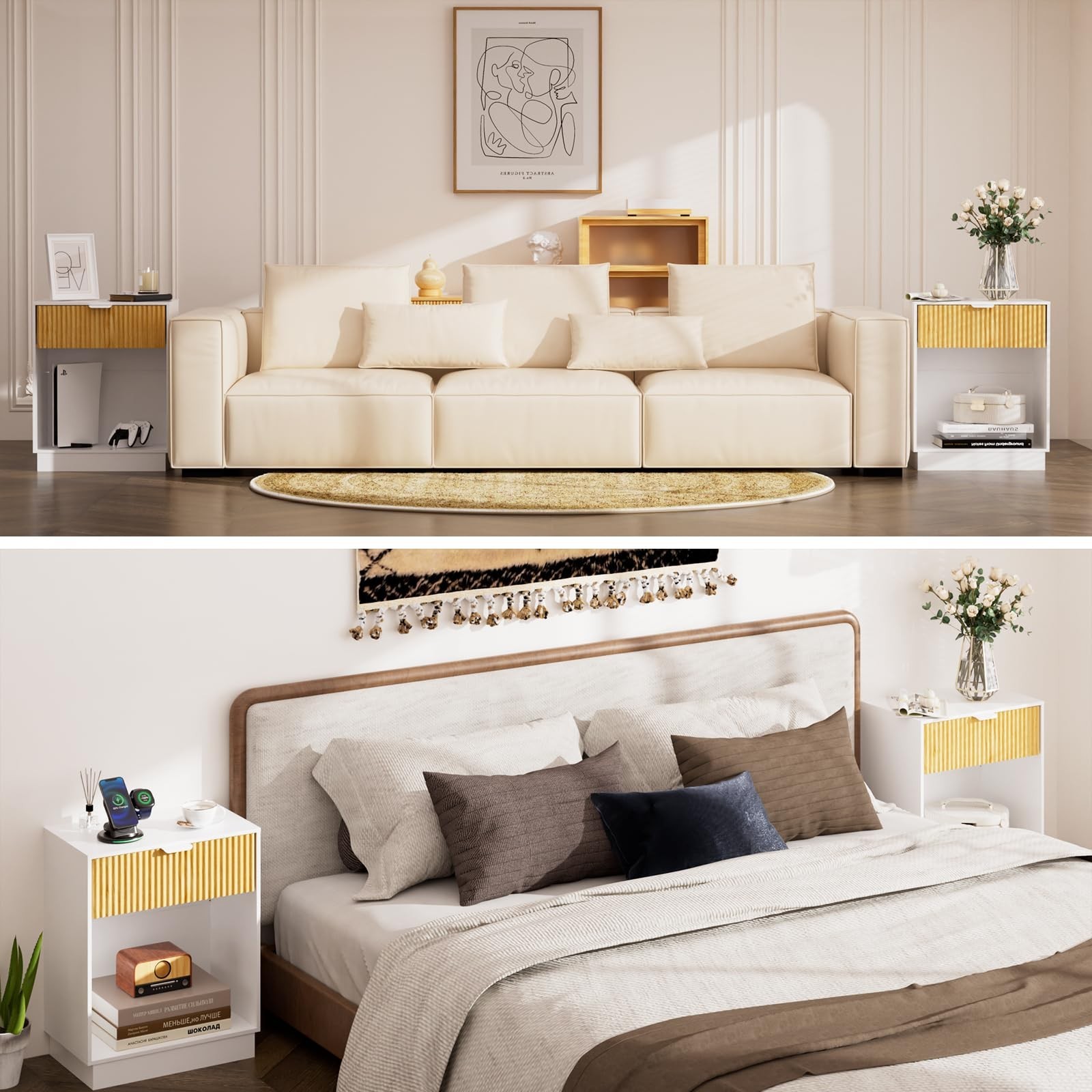 Fluted Nightstands Set of 2, Wood Bedside Table with Drawer and Open Shelf, M...