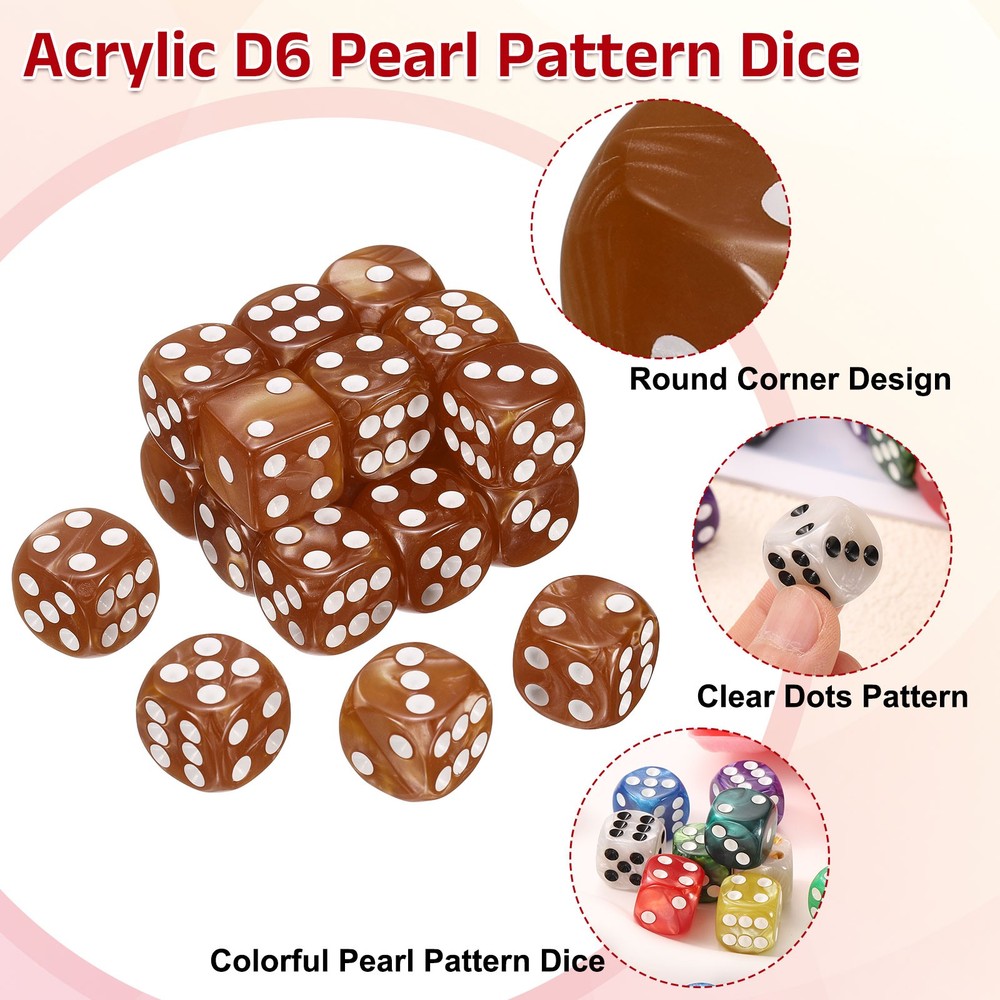 10pcs D6 Brown Acrylic Dice, 6 Colored Sides, Pearl Pattern