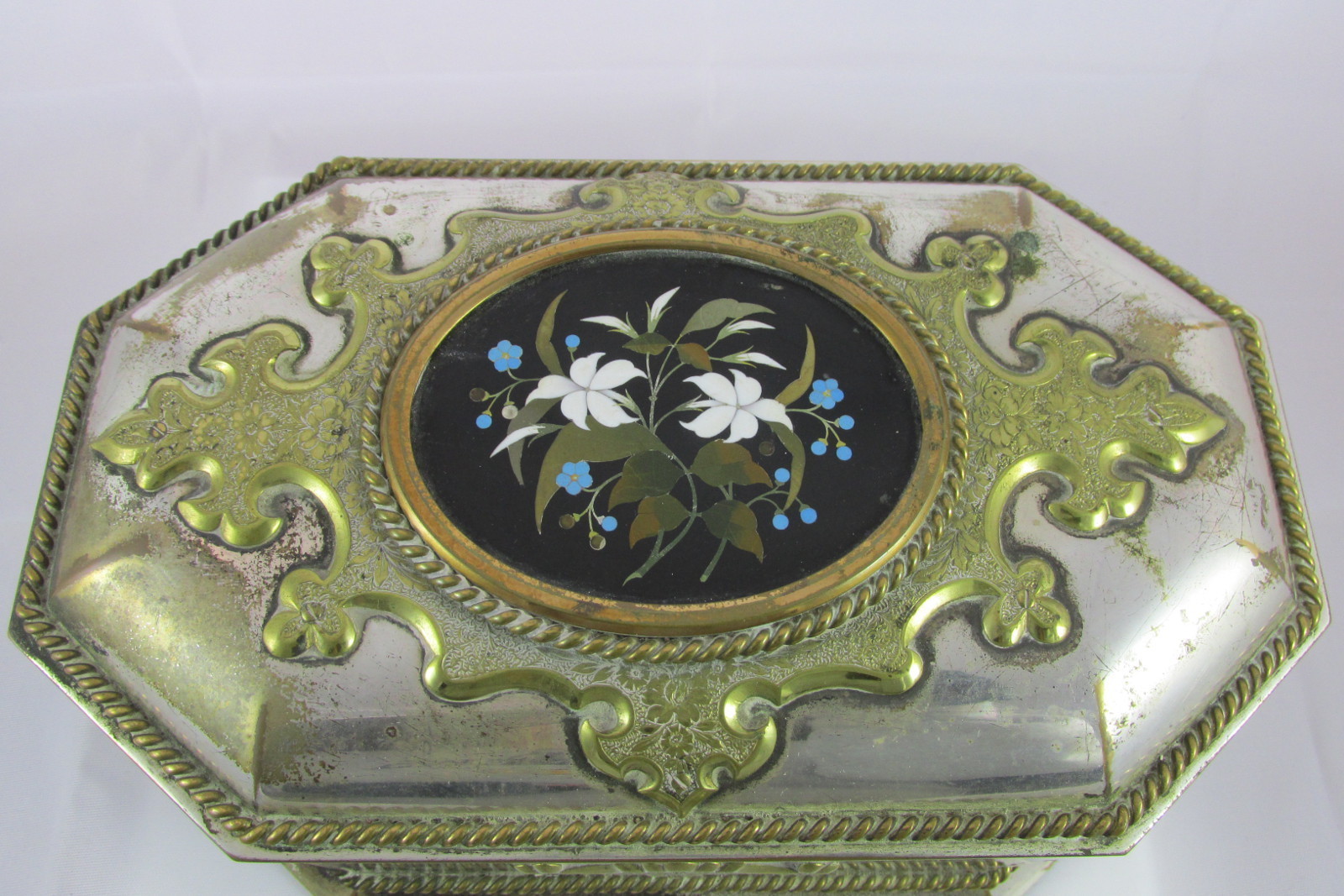 Victorian English Howell James Silver Plate Black&Green Tea Casket Pietra Dura