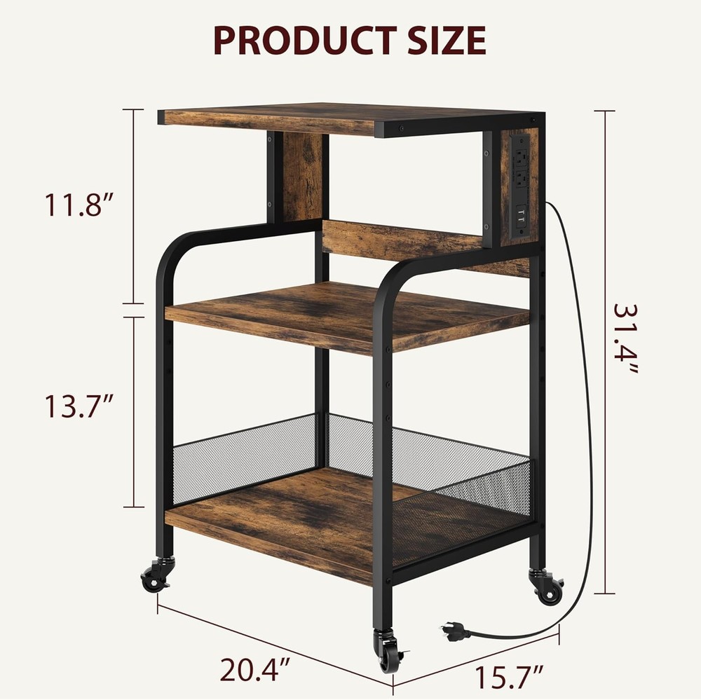 3-Tier Large Printer Stand Industrial Rolling Printer Cart W/ Adjustable Shelf
