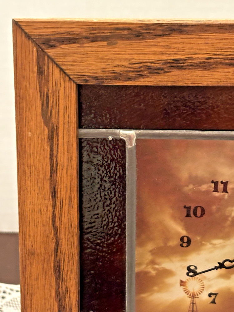 Shadow Box Stained Glass Sunset Windmill Wall Clock 1970s VTG